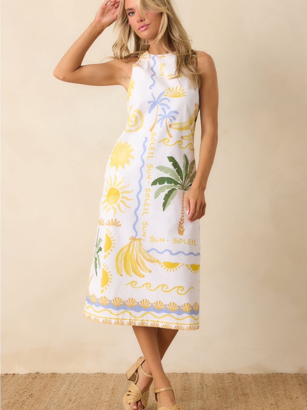 PARADISA by PROSPERINA BREAKERS WHITE MULTI LINEN BLEND MIDI DRESS M NWT